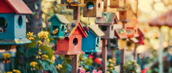 A colorful display of birdhouses adorns a garden, alive with the chatter of tiny birds and surrounded by vibrant flowers under the warm glow of the sun.