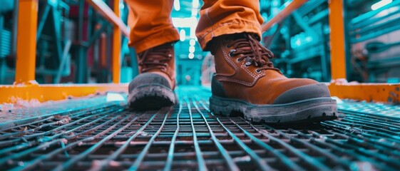 Sturdy work boots stride confidently down a grated walkway bathed in blue light, exuding a sense of purpose and industrial vigor.