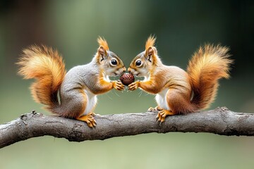 Obraz premium A pair of squirrels sharing an acorn on a tree branch, balancing delicately as they nibble together