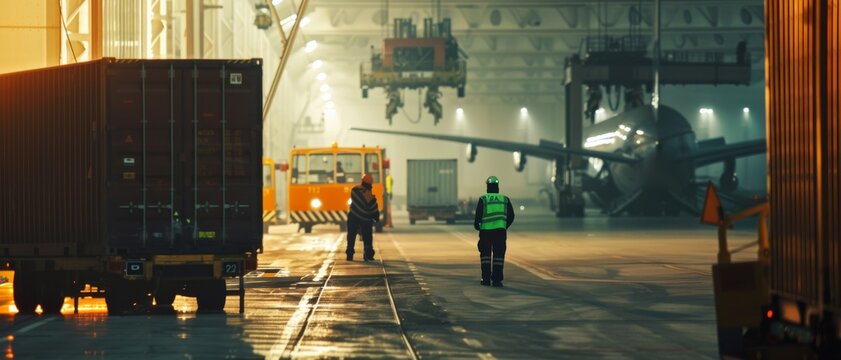 Busy airport hangar with an airplane, cargo crates, and workers efficiently handling logistics under industrial lighting.