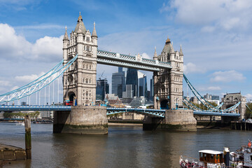 London Tower Bridge with the skyscrapers at the background