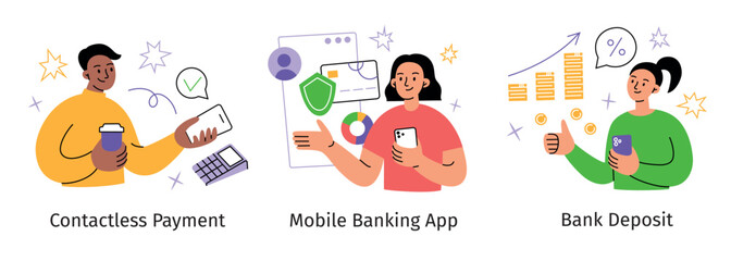Fototapeta premium Vector illustration of contactless payment, mobile banking app, and bank deposit. Flat cartoon design of people using banking technologies and smartphones for finance management