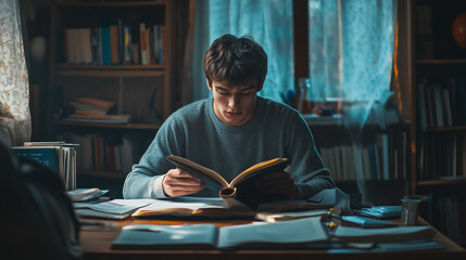 young handsome man reading a book at night in the library