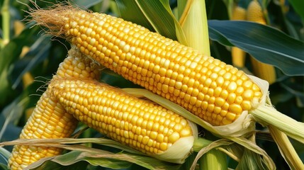 Close-up of ripe corn ears on the stalk, with golden tassels swaying in the breeze.