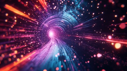 Obraz premium Abstract digital tunnel with glowing streaks and particles