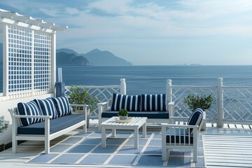 Fototapeta premium Coastal Minimalist Roof Top Setting with White Frame Sofa, Navy Blue Striped Cushions, and Ocean View