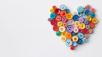 Close-up of tiny, colorful buttons forming a heart pattern on a smooth white background.