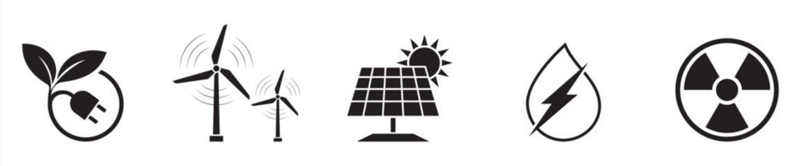 energy icon collection. green energy, wind energy, solar energy, water energy, nuclear energy vector illustration