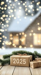 Rose gold numbers 2025 are elegantly displayed alongside beautifully wrapped gifts and garland, set against a soft bokeh background featuring a charming house