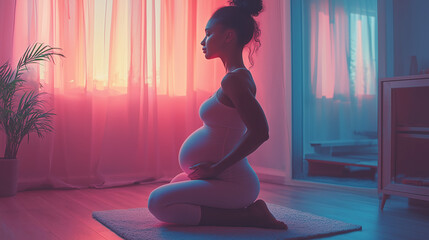 young pregnant woman doing yoga at home