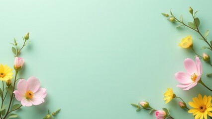 This image presents an arrangement of soft pink and yellow flowers on a mint green backdrop, creating a fresh and lively atmosphere that evokes feelings of cheerfulness and vitality reminiscent of spr