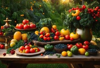vibrant nutritious ingredients displayed lush natural settings surrounded colorful fruits vegetables, colors, textures, fresh, healthy, organic, produce