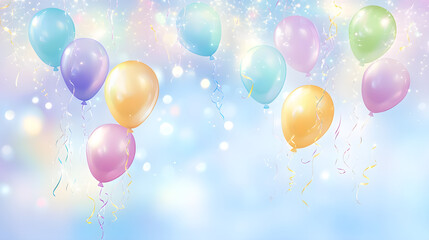 Colorful balloons float in the air against a soft, dreamy background filled with sparkling lights and pastel hues creating a festive atmosphere