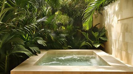 A private plunge pool surrounded by lush exotic plants creates a tranquil and serene atmosphere for relaxation and escape