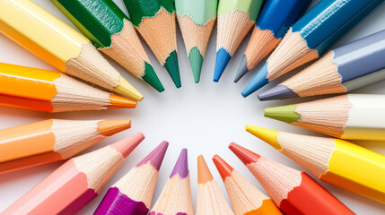 Fototapeta premium An assortment of colored pencils arranged neatly in a circular pattern. Art supplies, drawing tools, vibrant colors, artistic background, stationery.