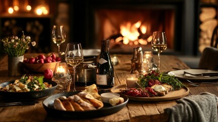 Fototapeta premium Romantic Dinner Table Setting with Fireplace and Champagne
