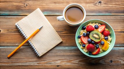 A Simple Yet Refreshing Breakfast of Cereal, Fruits, and a Cup of Coffee with a Notepad and Pen Ready to Jot Down Thoughts