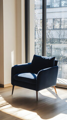 A single navy blue armchair placed by a large window, sunlight casting soft shadows on the wood floor, creating a cozy and inviting atmosphere