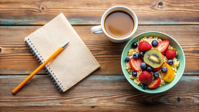 A Simple Yet Refreshing Breakfast of Cereal, Fruits, and a Cup of Coffee with a Notepad and Pen Ready to Jot Down Thoughts