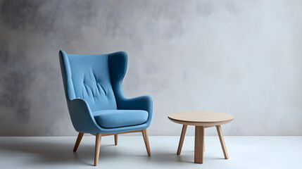 Fototapeta premium A soft blue armchair is positioned next to a light wood side table against a minimalist backdrop, creating a calm and inviting atmosphere