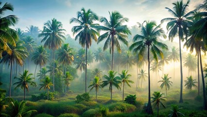 Obraz premium Misty morning in a jungle with a hazy coconut grove and foggy palm trees