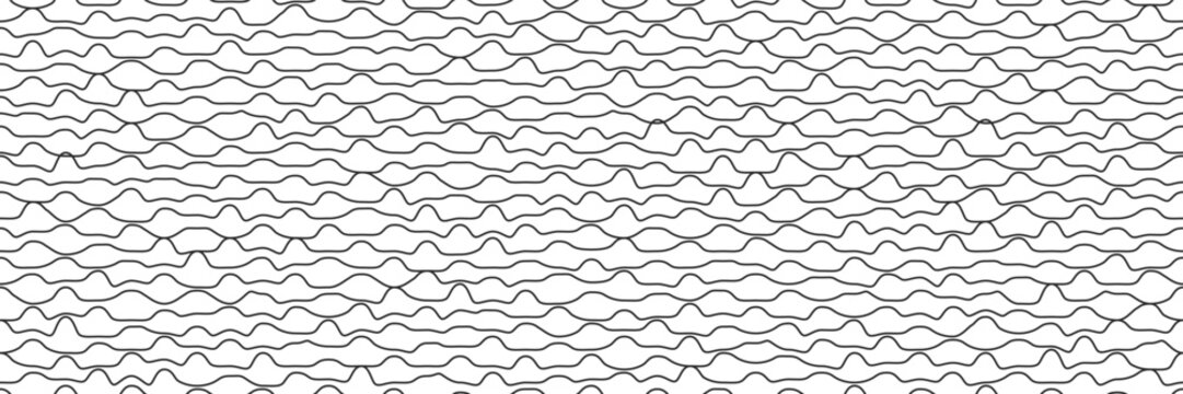 Squiggle wavy undulate black lines on white bg as a seamless pattern. Horizontal hand drawn curvy stripes or groovy waves. Simple vector illustration. Baby fake handwriting