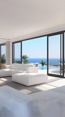 Spacious open-plan living area with modern white furnishings and large windows overlooking a serene ocean view