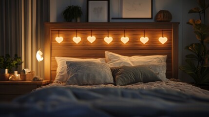 Cozy Bed with Heart-Shaped Lights and Pillows