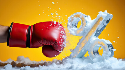 A red boxing glove strikes a frozen percentage sign, showcasing a dynamic impact against a vibrant yellow background, symbolizing financial challenges and resilience.
