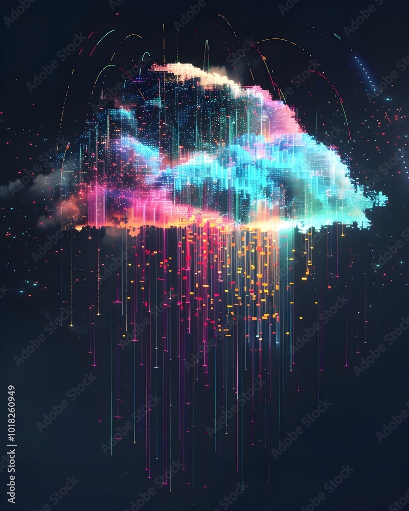 Poster colorful pixel cloud with dynamic data streams symbolizing cloud computing innovation