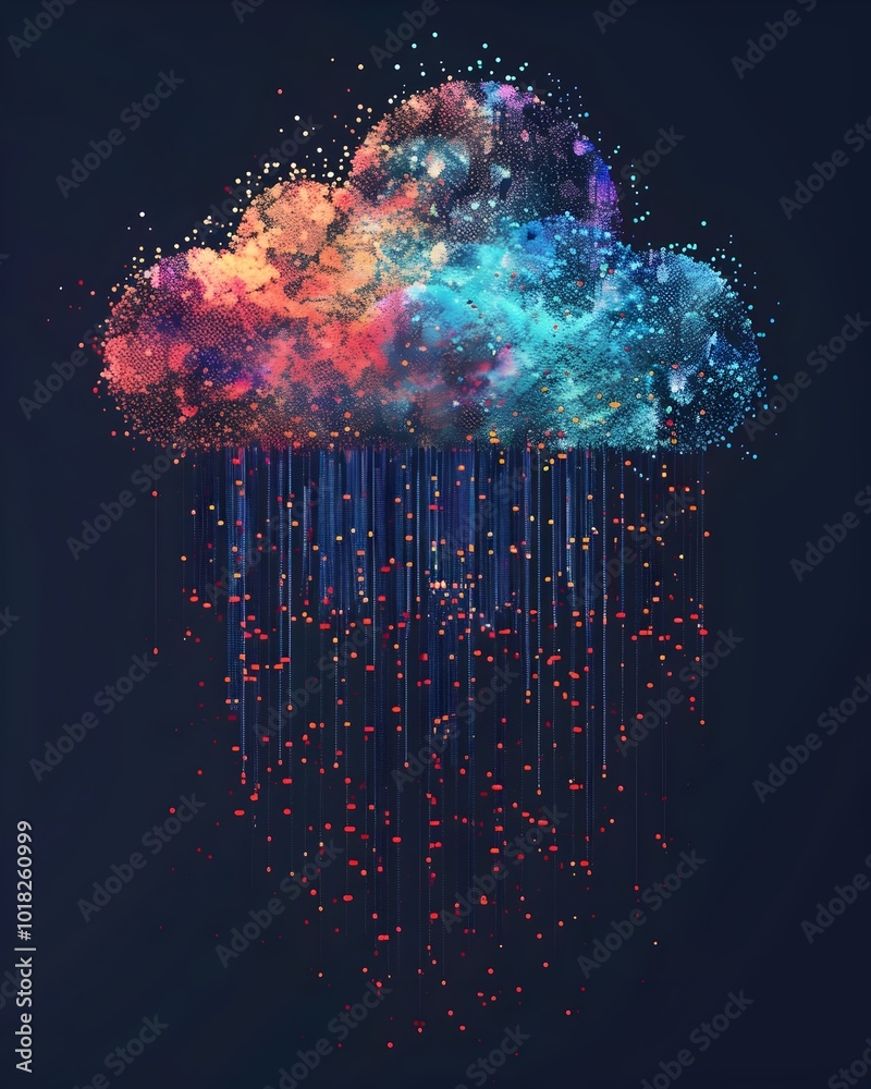 Poster vibrant pixel cloud with flowing data streams symbolizing the dynamic essence of cloud computing