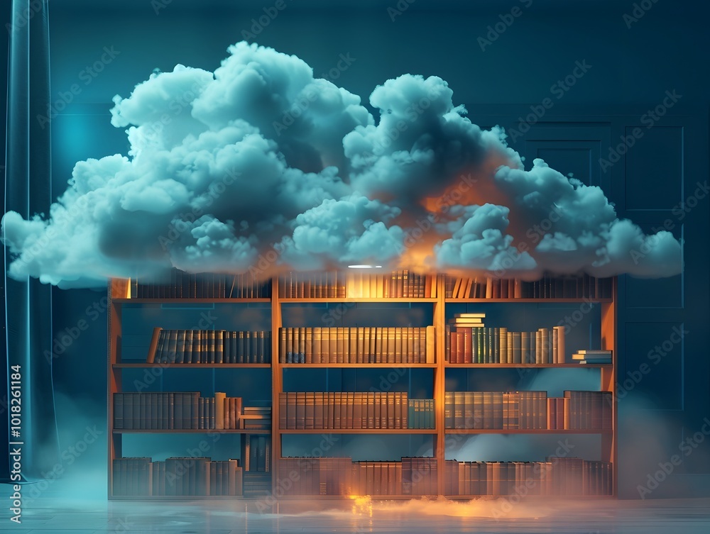Poster digital library shelves made of clouds cloud computing concept symbolizing vast data storage