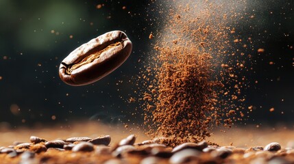 Coffee bean in motion with steam rising and ground coffee scattered, creating a dynamic and rich sensory experience