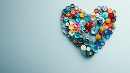 Colorful buttons forming a heart pattern on a white surface, with a mix of bright and pastel tones.