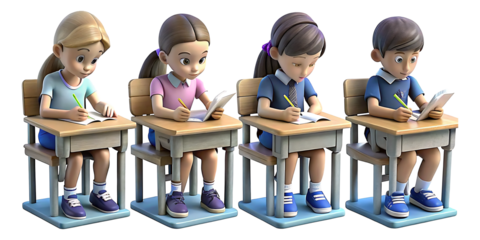 set of Children sitting on benches and studying in class and noting down the homework in their notebooks.AI GENERATED