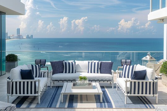 White Outdoor Furniture with Navy Blue Stripes on Miami Beach Rooftop, Ocean View, Relaxation Area