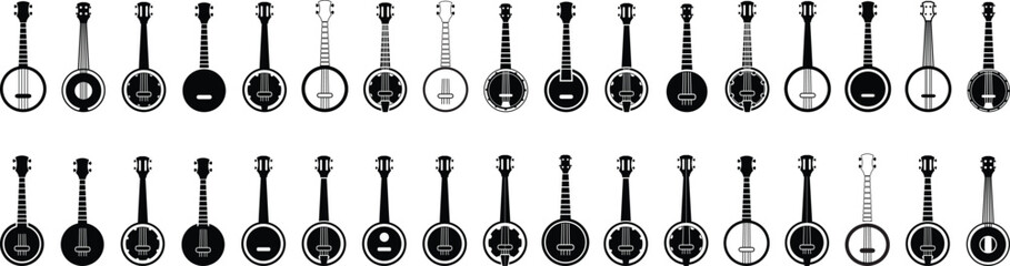Banjo Instrument silhouette vector art illustration. Black music instrument rock, jazz silhouette. music band vector illustration icons set Vector design.