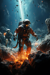 Fototapeta premium Two astronauts in high-tech suits navigate a rocky, glowing cavern with floating debris and a beam of light shining from above.