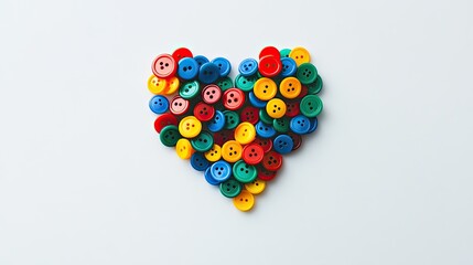 Colorful plastic buttons, in a heart shape on a smooth white background, capturing playful energy.