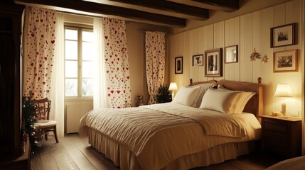 A cozy bedroom with a wooden bed, heart-patterned curtains, and warm lighting