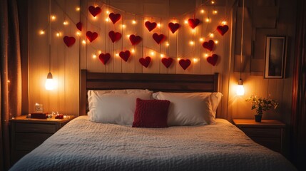 Cozy bedroom decorated with string lights and red heart decorations.