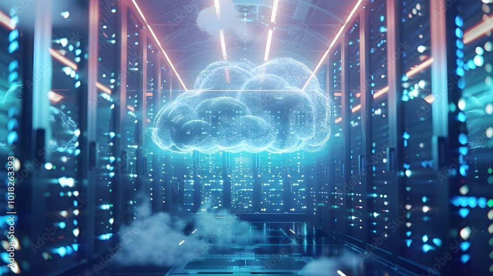 Poster digital cloud hovering over server farm with flowing data streams symbolizing cloud computing concep