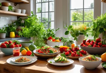 vibrant plates overflowing colorful fresh ingredients featuring grains culinary experience, appetizer, arrangement, ambiance, balance, beautiful, buffet