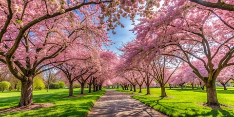 Fototapeta premium A path winds through a lush meadow, framed by a vibrant canopy of pink blossoms, sunlight filtering through the delicate branches, creating a dappled and enchanting ambiance.