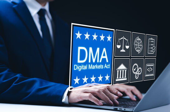 DMA, Digital Markets Act, EU law concept. Businessman working on laptop with icons represent Digital Markets Act (DMA), legal regulations, compliance, and the European Union's digital market policies.