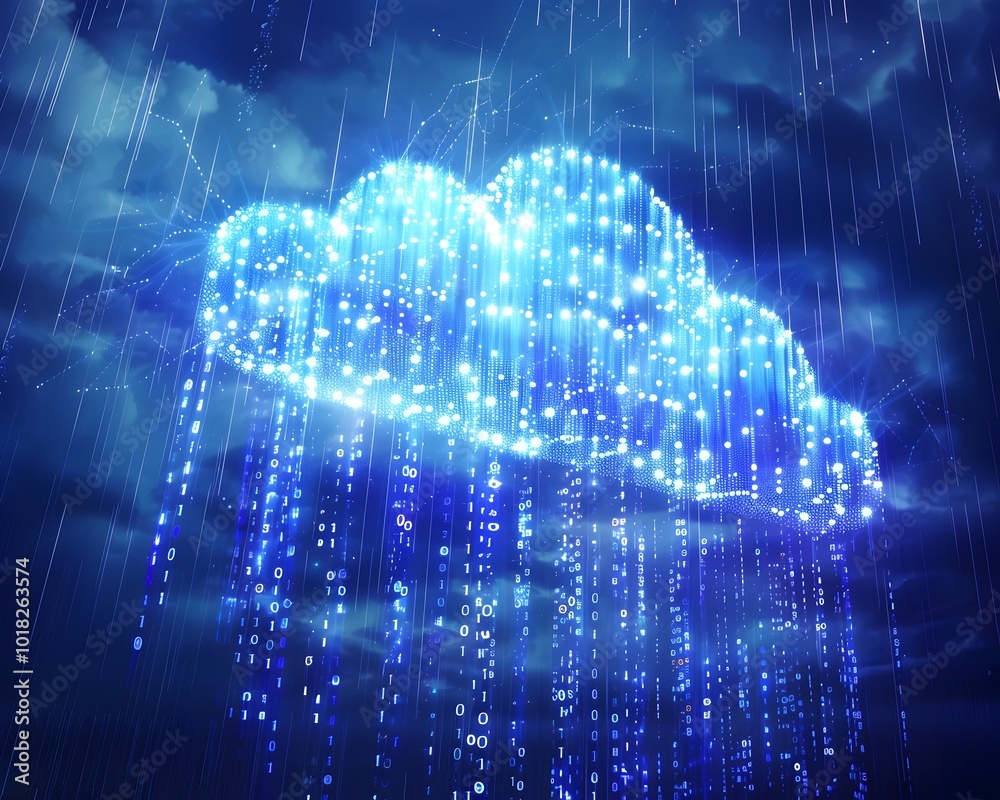 Poster glowing binary cloud symbolizing core of cloud computing technology