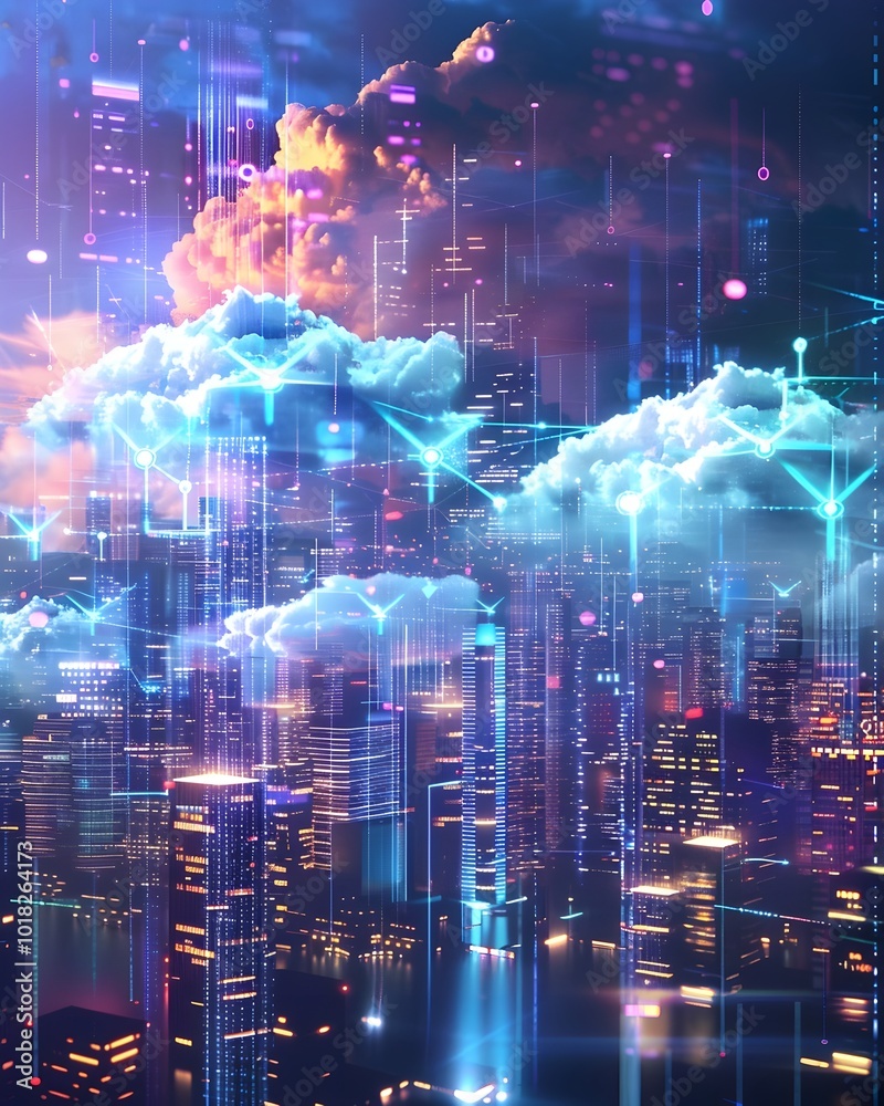 Poster futuristic skyline with hovering clouds and glowing data streams representing smart city powered by 