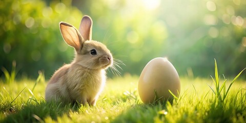 Mockup Easter egg and chubby cute bunny on green meadow Worm's Eye View