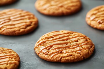 Delicious cookies with caramel drizzle on rustic grey background.