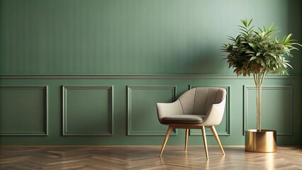 Mockup of a sage green wall with modern chair and gold planter, Depth of Field